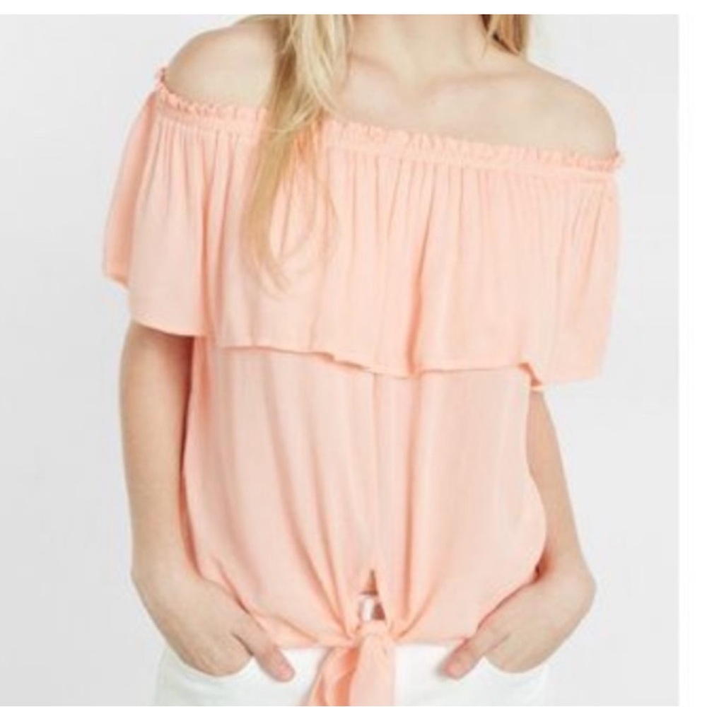 Express Tie Front Off the Shoulder Flutter Sleeve Blouse,Peach Color,Size Medium